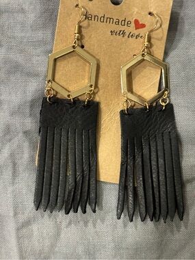 Gold Hexagon and Black Fringe Earrings - Handmade
